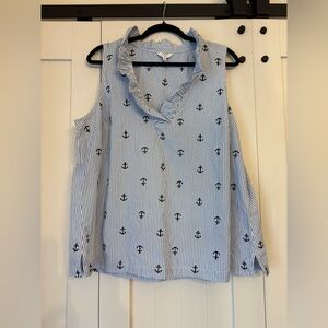Crown & Ivy Nautical Blue and White Blouse Curvy 2X Like New Anchor Sleeveless